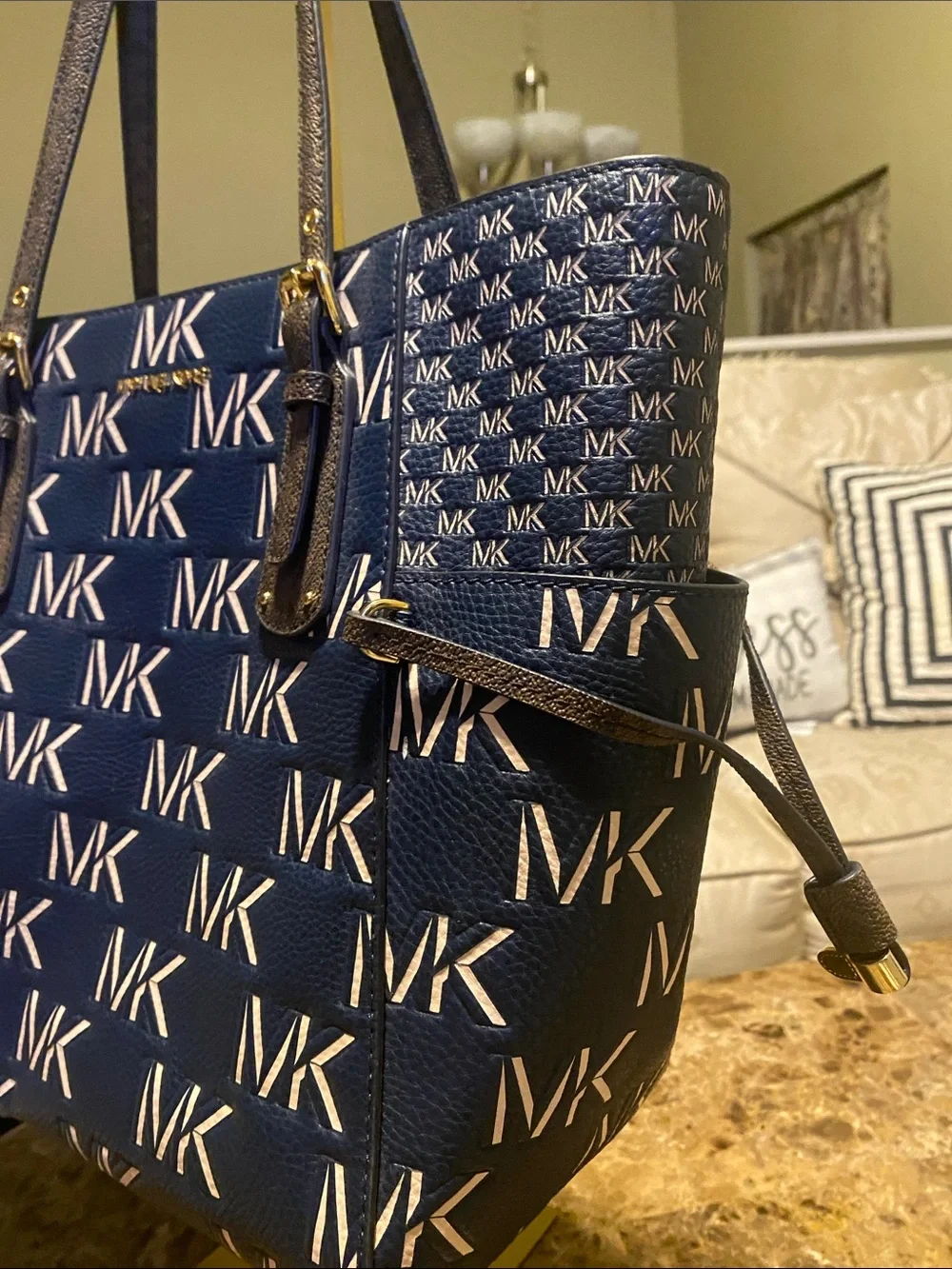 Michael Kors Navy and White MK Signature Tote - Picture 3 of 6